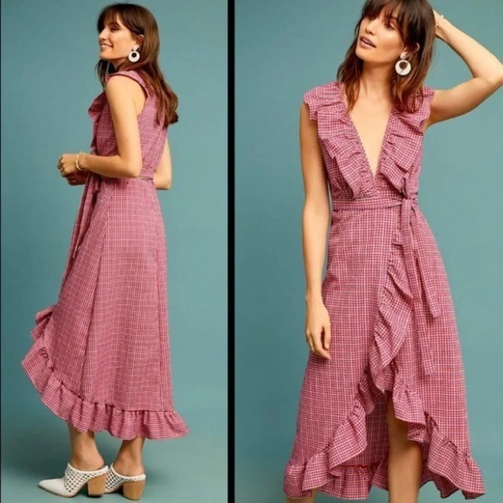 NWT Anthropologie Misa Los Angeles Stella Plaid Ruffle Women Midi Dress XS Pink